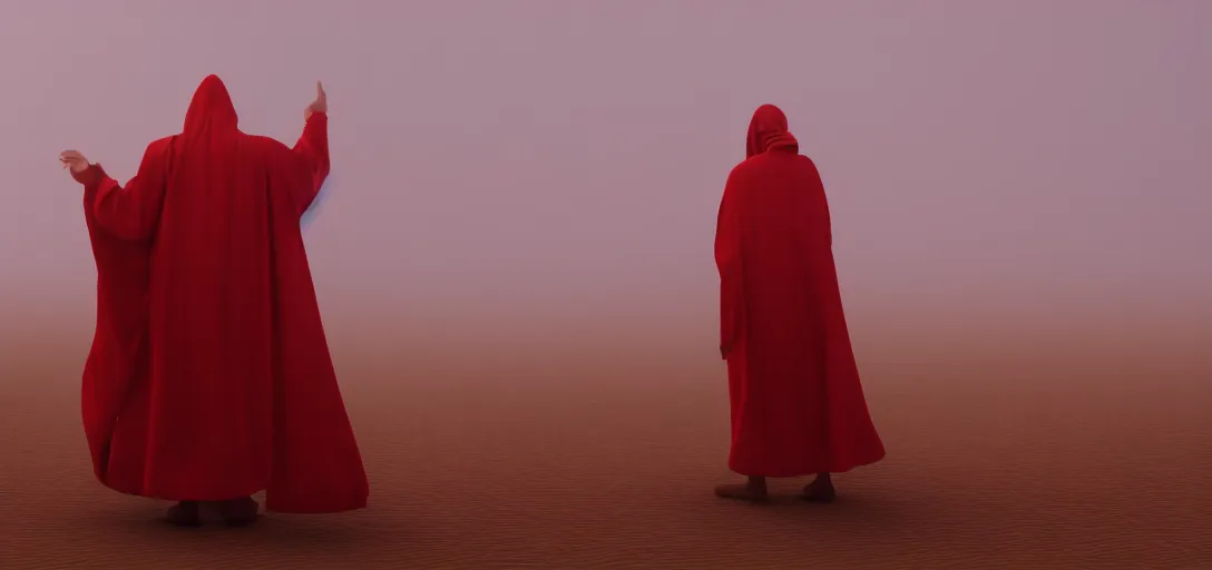 Image similar to an evil demon wearing red robes in a desert, evil face, bright eyes, sunny weather, rendered in octane, realistic, 8 k, vivid, intricate, detailed, mist, fog, dramatic light