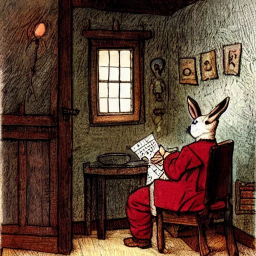 Image similar to a rabbit writing a letter inside a small room, in the style of carl larsson