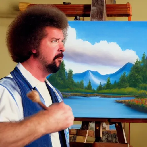 Image similar to a closeup photorealistic photograph of bob ross detailing a canvas painting of kenny powers. film still. brightly lit scene. this 4 k hd image is trending on artstation, featured on behance, well - rendered, extra crisp, features intricate detail, epic composition and the style of unreal engine.