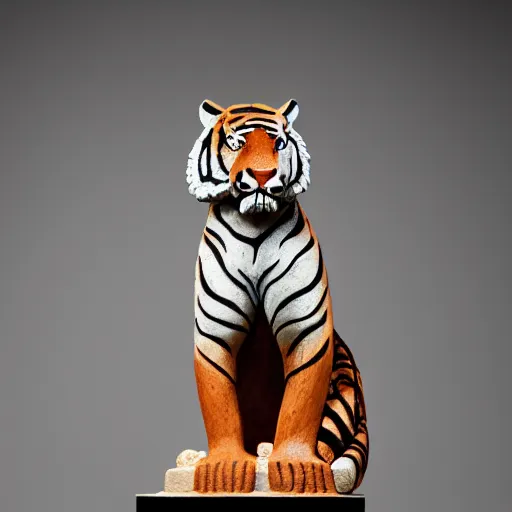 Image similar to a statue of a tiger [ made of [ clay ]!! ], [ 4 k photorealism ]!!, trending on unsplash, shot by jimmy nelson, irving penn, peter kemp, hans bellmer, and slim aarons