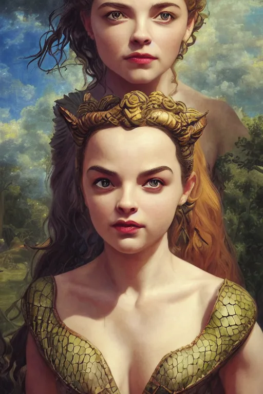 Image similar to A fantasy comic book style portrait painting of Anya Taylor-Joy, Joey King, as an Atlantean Reptilian Warrior, François Boucher, Oil Painting, Mystical Valkyrie, unreal 5, DAZ, hyperrealistic, octane render, Regal, Refined, Detailed Digital Art, RPG portrait, William-Adolphe Bouguereau, Michael Cheval, Walt Disney (1937), Steampunk, dynamic lighting, Highly Detailed, Cinematic Lighting, Unreal Engine, 8k, HD