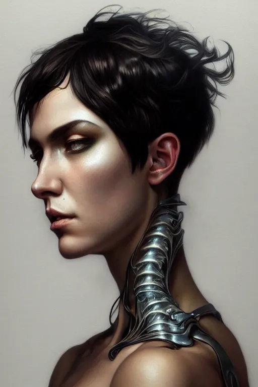 Image similar to photorealistic portrait of a young butch solargoth woman, handsome, female, masculine, upper body, fantasy, fierce, sharp features, intricate, elegant, highly detailed, digital painting, artstation, concept art, matte, sharp focus, illustration, art by artgerm and greg rutkowski and alphonse mucha