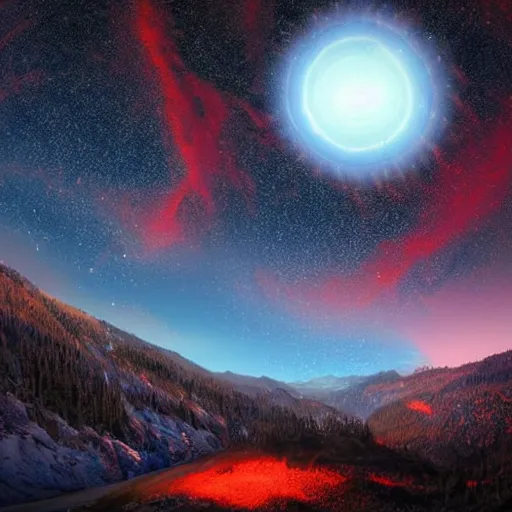 Prompt: A forested valley surrounded by ice mountains at night, a red nebula and orange gas giant with rings in the sky, no clouds, dark red light, sci-fi, photorealistic