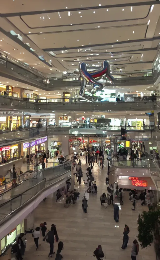 Image similar to photo of a chrome blob hovering in a mall food court, sharp wide shot mallsoft