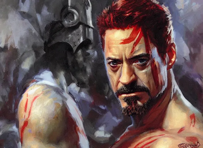 Image similar to a highly detailed beautiful portrait of robert downey jr as kratos, by gregory manchess, james gurney, james jean