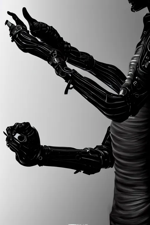Image similar to a cyberpunk dark metallic arm prosthesis realistic proportions, electric, close look, anatomically correct hand and fingers, sci - fi, rpg, digital painting, artstation, concept art, smooth, 8 k frostbite 3 engine, ultra detailed