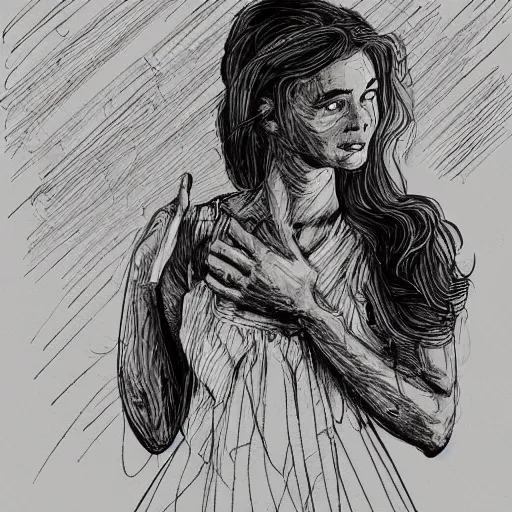 Prompt: beautiful young woman in a sundress, trending on artstation, intricate details, in the style of frank auerbach, in the style of sergio aragones, in the style of martin ansin, in the style of david aja, in the style of mattias adolfsson