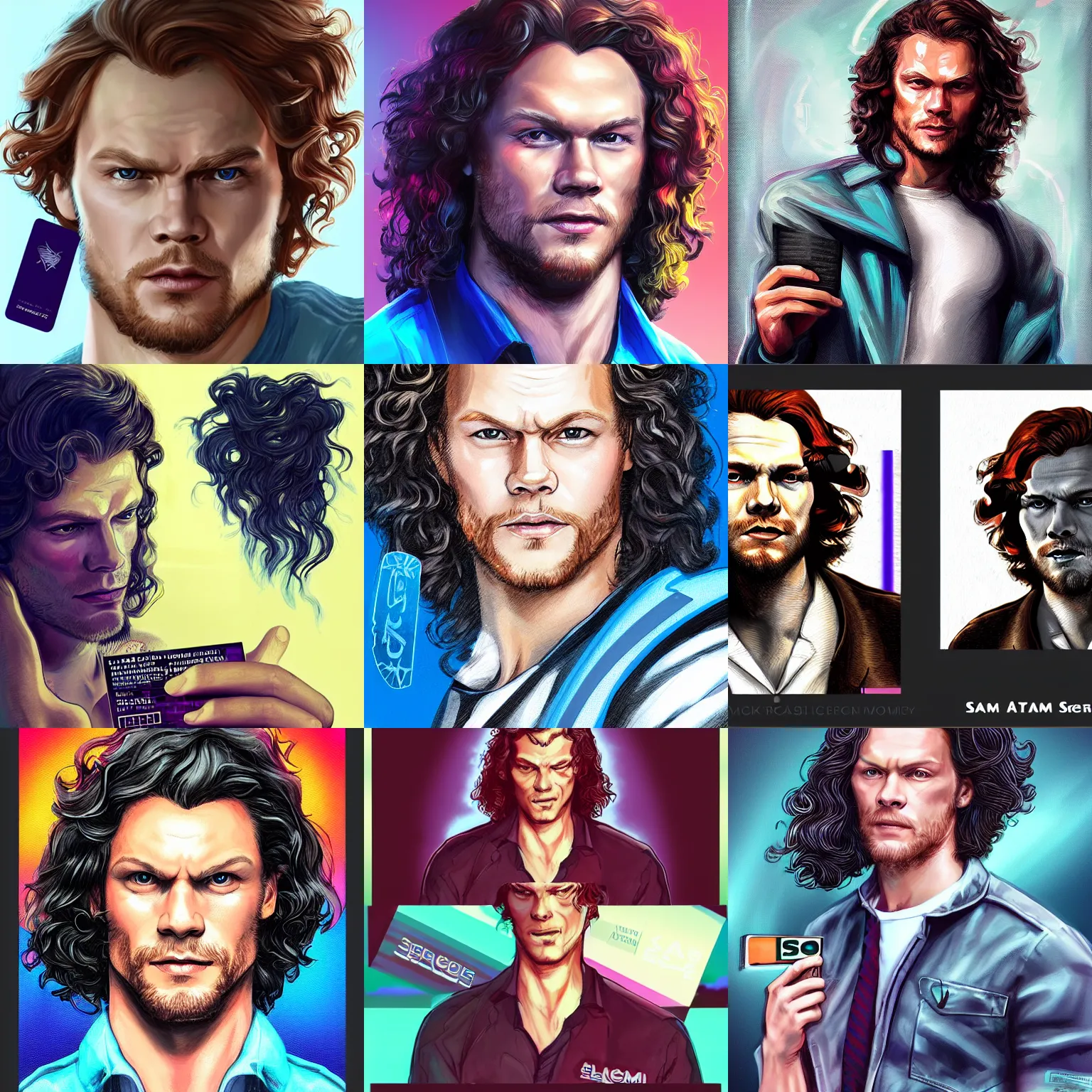 Prompt: a Sam Heughan holding a ID card in his long curly hair, a character portrait, synthwave by art artgerm, cg society contest winner, shock art, sci-fi, artstation hq, speedpainting