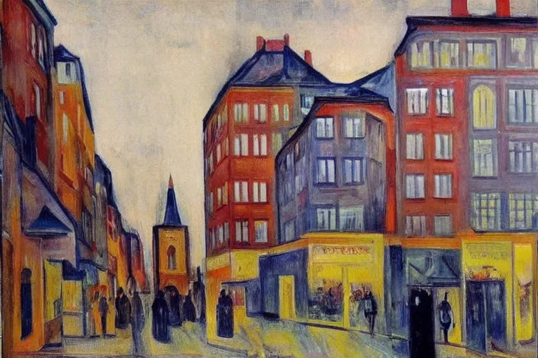 Prompt: unique shops, apartment towers, and cute townhouses along a city street, oil painting by edvard munch