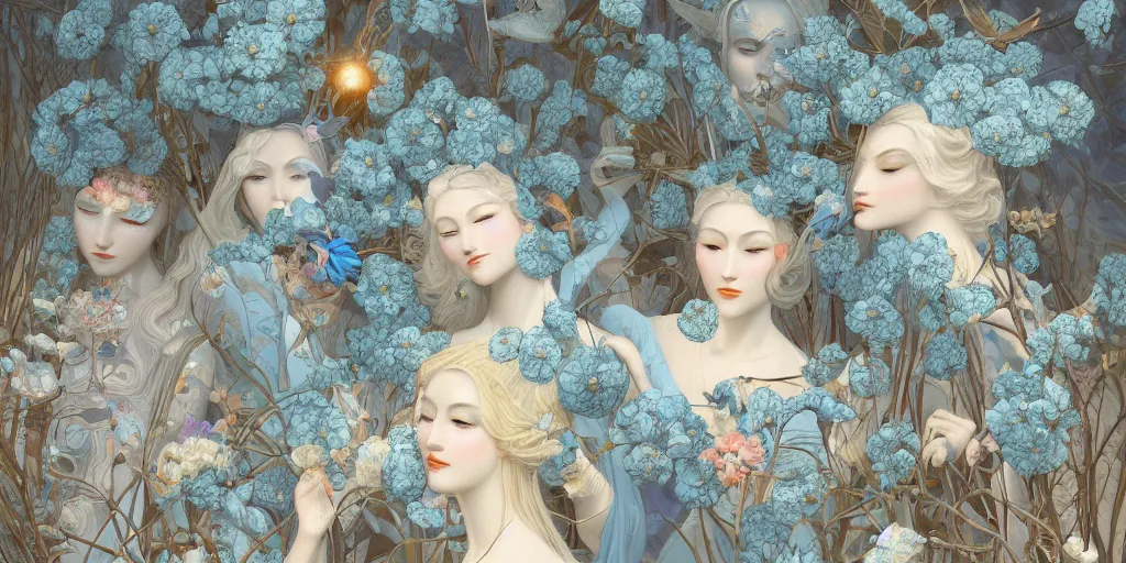 Image similar to breathtaking detailed concept art painting art deco pattern of blonde faces goddesses amalmation light - blue flowers with anxious piercing eyes and blend of flowers and birds, by hsiao - ron cheng and john james audubon, bizarre compositions, exquisite detail, extremely moody lighting, 8 k