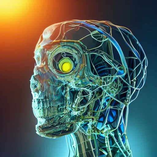 Image similar to very detailed portrait 55mm photo of a mechanical crystal head without skin, optic fiber nerves, gears in his head and cybernetic enhancements with no plating. with cybernetics. Has cameras for eyes. In the forest with bokeh. Ray tracing and tessellation. Very sharp high detailed 8k image