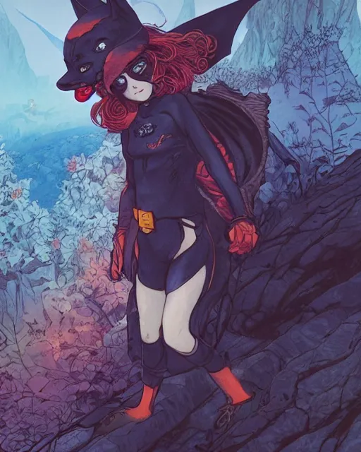 Image similar to a girl in a cute bat costume on a hike in the appalachian mountains, full shot, focused, ambient lighting, detailed, art by ayami kojima, makoto shinkai, kilian eng