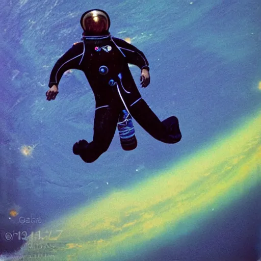 Prompt: photograph of an astronaut wearing a black suit swimming in space with floating creatures, surreal