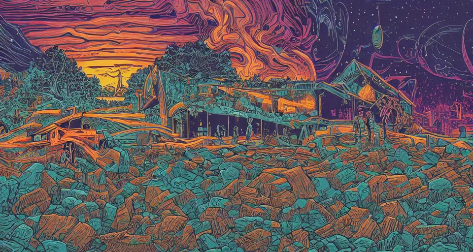 Prompt: the two complementary forces that make up all aspects and phenomena of life, by dan Mumford