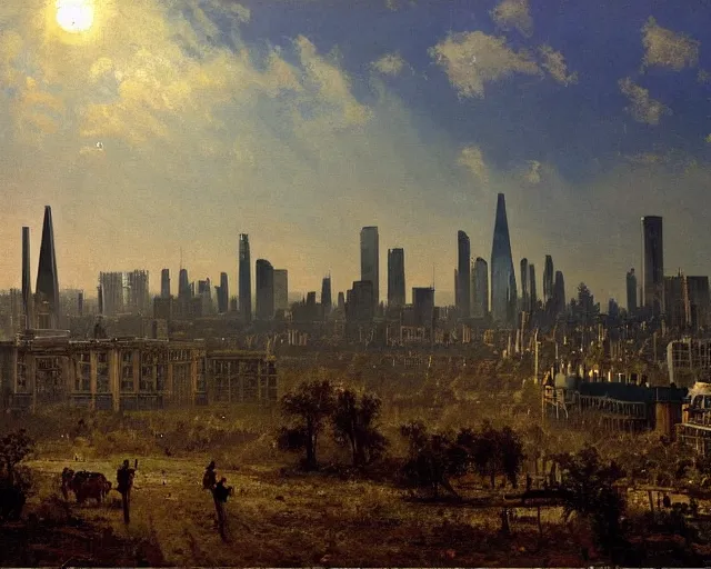 Image similar to albert bierstadt cityscape painting of london in fallout