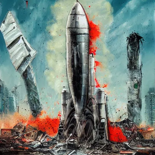 Prompt: a rocket crashed in the city. destruction. fear. sadness. deaths. apocalyptic. digital art. painting. high quality. high definition.