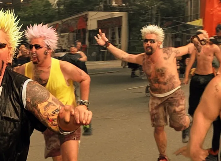 Prompt: sneaky, physically fit guy fieri running after the camera in a scary nightmare dream sequence, lsd