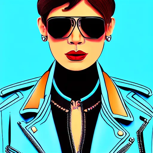 Prompt: A woman with Light blue aviators Brown hair Shaved one side haircut Mexican descent setting wearing a Leather jacket, digital art, Synthwave, retro, high quality, 4k, detailed.