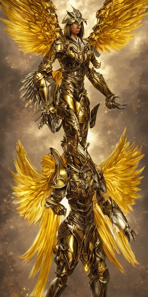 Image similar to fantasy angel warrior in armor with bright gold wings, epic flying pose, full length portrait, art, paint, fine details