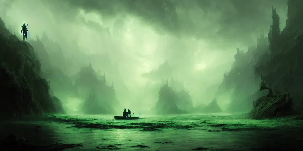 Image similar to magical subterranean river styx, a man in a cape on a boat with a sword, ethereal swirling green mist, dramatic lighting, magical atmosphere,, gothic illustration, greg rutkowski, andreas rocha, ashley wood, soft edges, low detail, trending on artstation