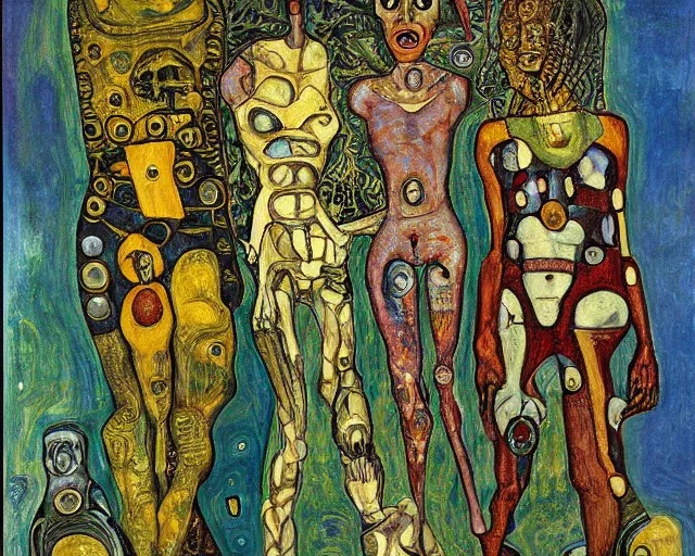 Prompt: a painting of a aliens and cyborgs by graham sutherland, egon schiele, gustav klimt, expressionism