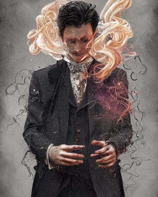 Image similar to a highly detailed portrait of devious male magician radiating a powerful energy aura, ornate back tuxedo, wispy tendrils of smoke, intricate, digital painting, old english, raining, sepia, particles floating, whimsical background by marc simonetti, artwork by liam wong