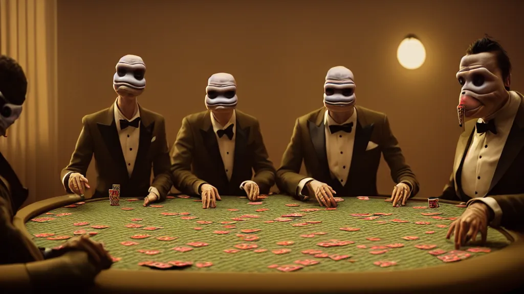 Image similar to hyperrealism simulation highly detailed human turtles'wearing detailed tuxedos and smoking, playing poker in surreal scene from cyberpunk movie from future by wes anderson and denis villeneuve and mike winkelmann rendered in blender and octane render