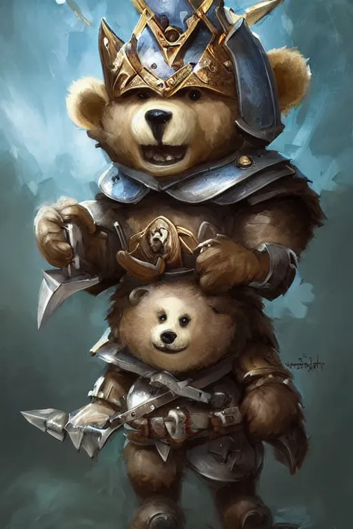 Image similar to cute little anthropomorphic bear knight wearing a cape and a crown, tiny, small, miniature bear, baby animal, short, pale blue armor, cute and adorable, pretty, beautiful, DnD character art portrait, matte fantasy painting, DeviantArt Artstation, by Jason Felix by Steve Argyle by Tyler Jacobson by Peter Mohrbacher, cinematic lighting