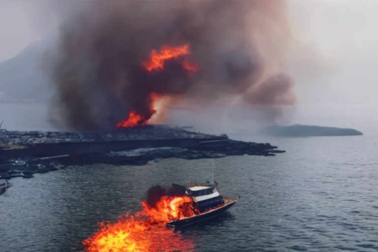 Image similar to a tourist taking a photo of a boat on fire in naples, cinematic shot, foggy, photo still from movie by denis villeneuve