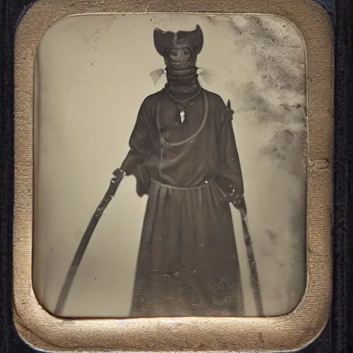 Image similar to tintype photograph of a neo-futuristic shaman. Holding a glowing staff, he has three eyes.