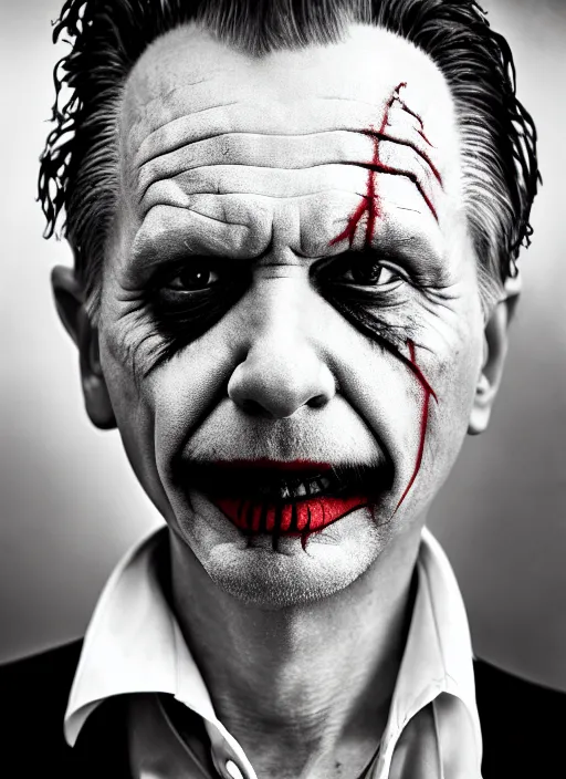 Prompt: photo of Gary Oldman as the Joker by Lee Jeffries, head shot, detailed, award winning, Sony a7R