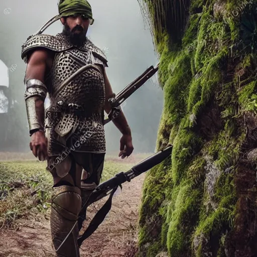 Image similar to call men wearing a jungle style clothes holding a weapon and wearing some armour looking around great photography