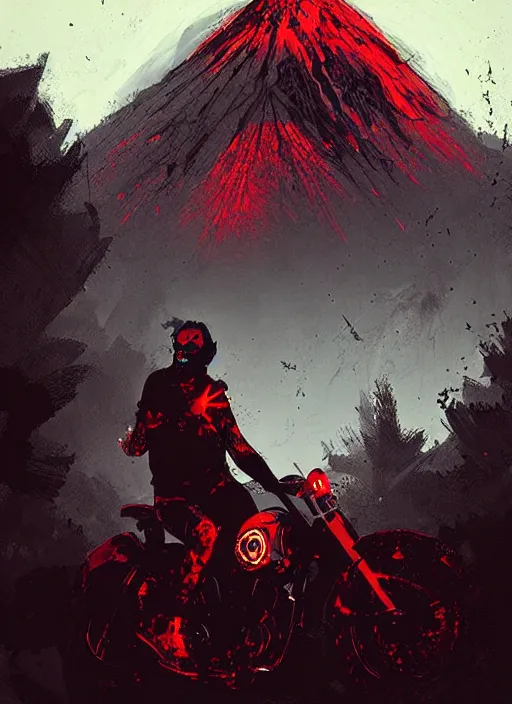 Image similar to horror art, motorbiker from hell, red volcano peaks in the background, art by ismail inceoglu