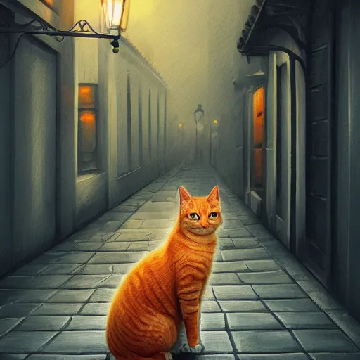 Prompt: a cute orange tabby cat with green eyes on an old street, it is night and raining, street lamps are illuminating the street, moody lighting, peaceful atmosphere, digital art, highly detailed, high contrast, beautiful lighting, award winning, trending on art station, 8 k,