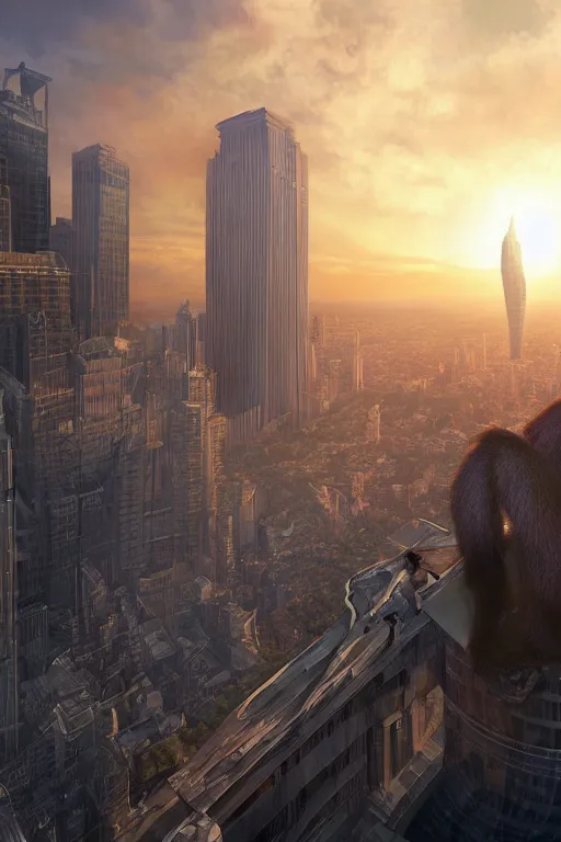 Prompt: ape wearing formal suit falling from skyscraper, skyline showing, 8k hyper realistic, sunset, volumetric rays, fine art, artstation, matte painting, masterpiece by vasnetsov
