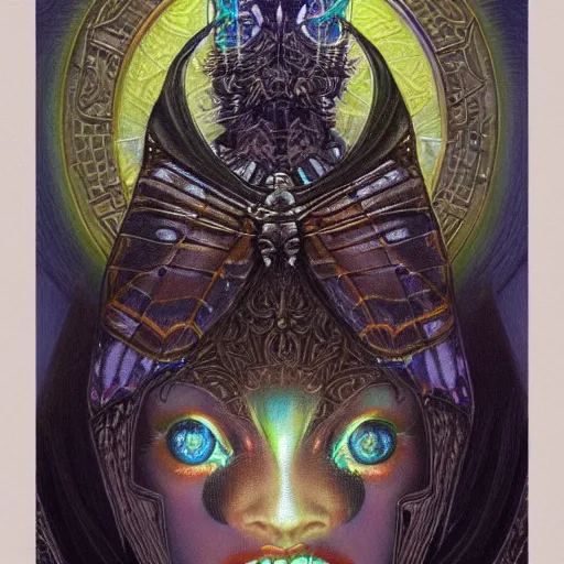 Image similar to beautiful closeup portrait of an art deco witch, glowing eyes. reflective detailed textures, moth wings, highly detailed dark fantasy science fiction painting by donato giancola and diego rivera, elaborate geometric ornament, ancient runes, silver and cool colors. artstation