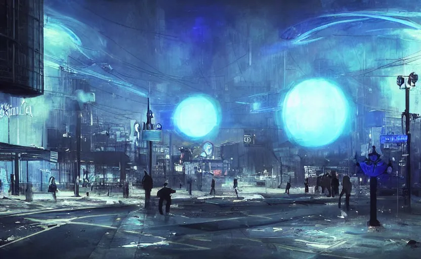 Prompt: people with posters attacking cops, a huge blue spiral - shaped white luminous attractor is floating on the horizon near the sun, stores in los angeles with light screens all over the street, concept art, art for the game, professional lighting, dark night lighting from streetlights, by ilya repin