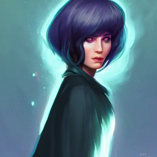 Prompt: a nonbinary changeling with a cloak of stars, aurora colored hair, curious expression, character art, trending on artstation, artgerm, 4k ultra hd, sharp focus, digital art by Ilya Kuvshinov and Ross Tran,