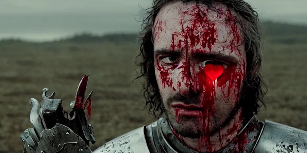 Prompt: film still of closeup a one knight stands on knee with a bloody heart in his hand by emmanuel lubezki