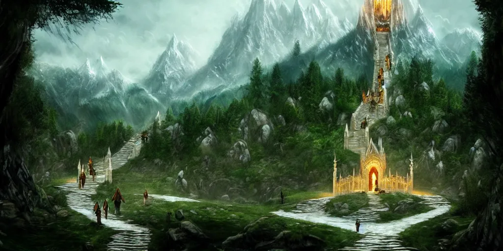 Prompt: lord of the ring. elegant, beautiful elf city. white stone elvish village. rivendell. mountains. beautiful forest. concept art. epic. cinematic. artstation.