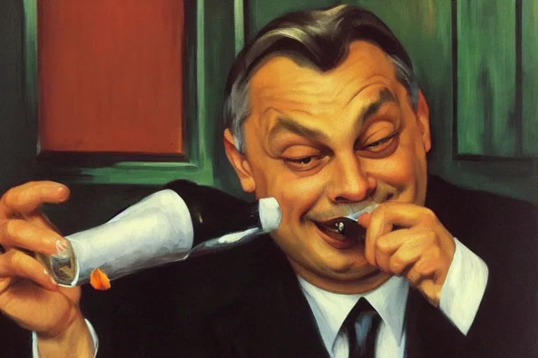 Image similar to viktor orban drinking champagne, smoking cigar, laughing hard, highly detailed face by edward hopper