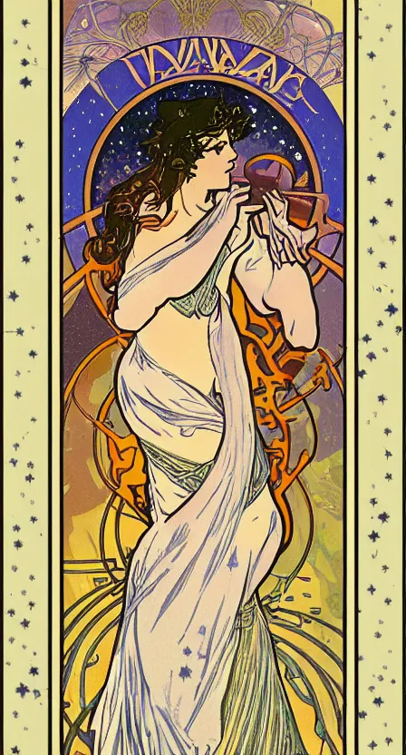 Image similar to a tarot card of a woman pouring water and stars into the earth from space. illustrated in an art deco style by alphonse mucha and an elegant border by tamara de lempika. | studio lighting | digital painting, stunning lighting, trending on artstation