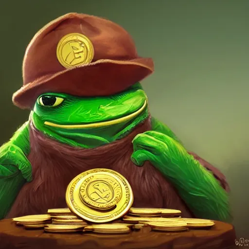 Image similar to super rich happy pepe, coins, gold, crystals, greg rutkowski