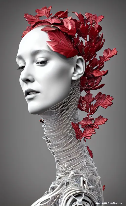 Image similar to complex 3d render ultra detailed of a beautiful porcelain profile woman face, mechanical cyborg, 150 mm, beautiful 3 point lighting, rim light, silver gold red details, luxurious magnolia with leaves and stems, roots, Alexander Mcqueen haute couture, fine foliage lace, mesh wire, filigran intricate details, hyperrealistic, mandelbrot fractal, anatomical, robotic parts, facial muscles, cable electric wires, microchip, elegant, octane render, 8k post-processing