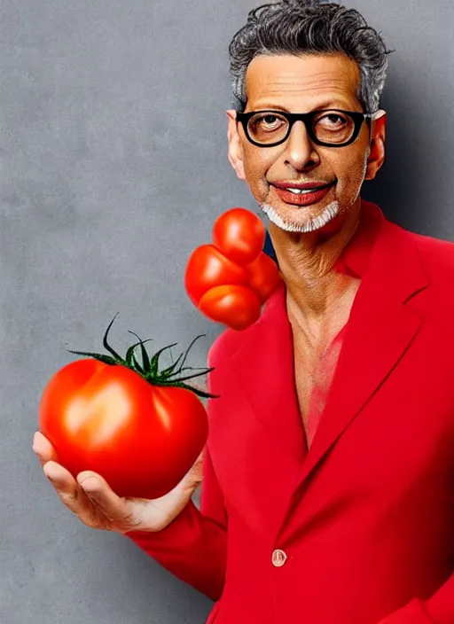 Prompt: jeff goldblum in a tomato outfit