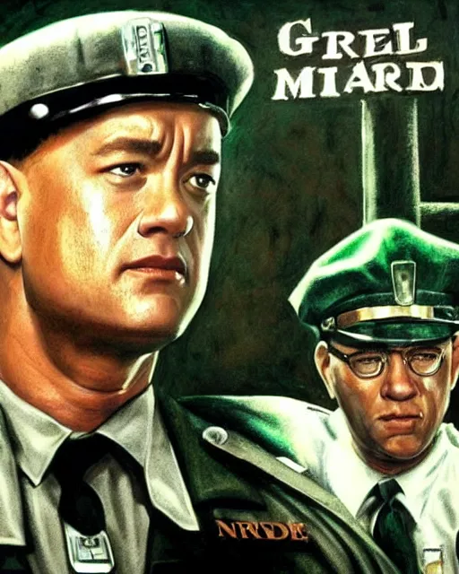 Image similar to tom hanks wearing prison guard uniform in the green mile, airbrush, drew struzan illustration art, key art, movie poster