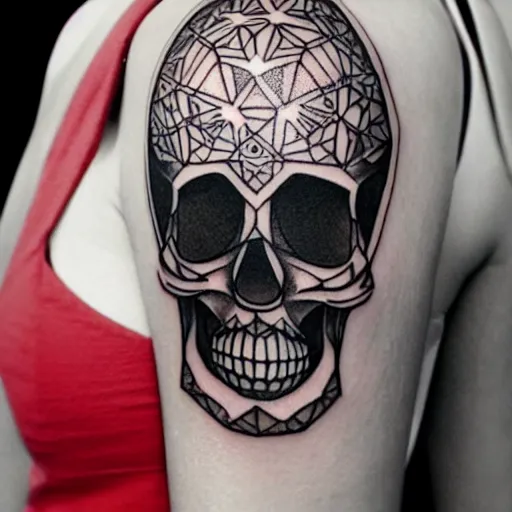 Prompt: tattoo design, stencil, tattoo stencil, traditional, a world famous tattoo of a geometric skull with a galaxy coming out of the top of its head-s 100