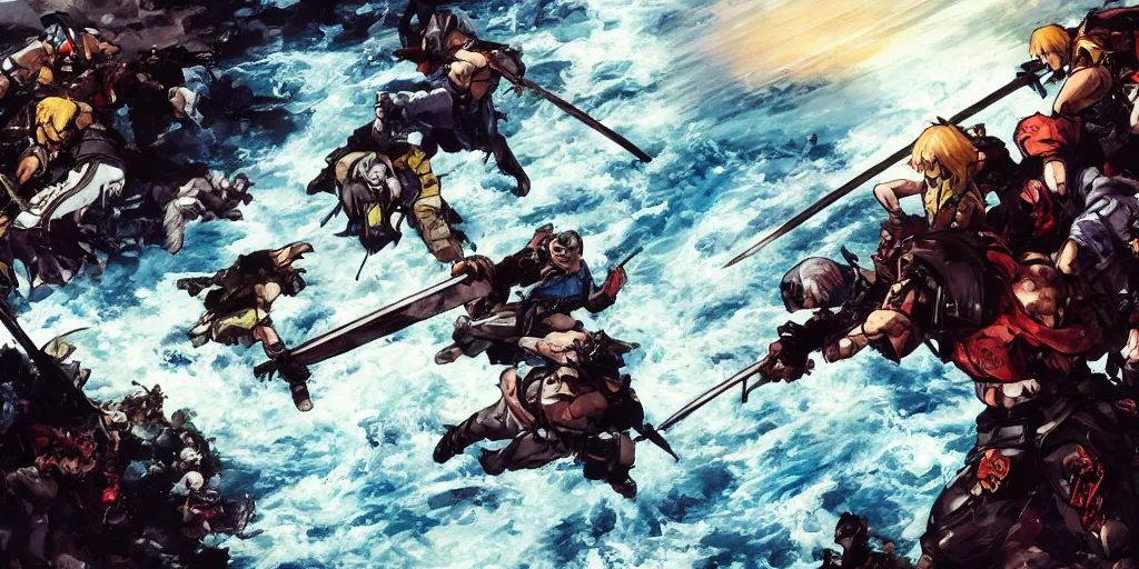 Prompt: a beautiful painting of swordsmen clashing their weapons on a bridge over a waterfall, dramatic lighting, 4k , 8k, artstation, Yoji Shinkawa, Capcom, SNK, Studio Trigger, Studio Ghibli