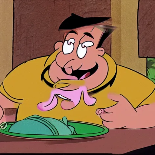 Prompt: Fred Flintstone eating tamales, animated, by Hanna Barbera