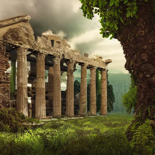 Image similar to beautiful highly detailed digital illustration of greek palace ruins in the forest. by Andreas Rocha, dramatic clouds, flowers and vines and creepers, establishing shot, cinematic, architecture, artstation HQ, HD, 8k resolution, featured in art magazine, amazing depth, octane render, unreal engine 5